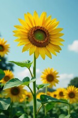 Obraz premium Tall sunflower with large, developing flower head, yellow, mature, stage