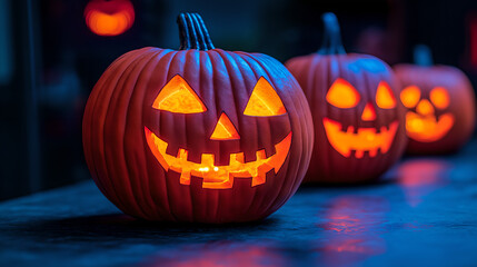 Fototapeta premium Halloween, fairy tale movie style, featuring elements such as pumpkin lanterns, castles, bloody moons, and bat outlines