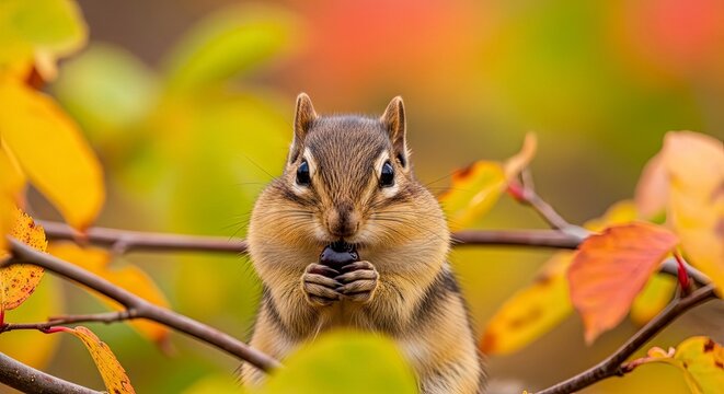 Chipmunk with full cheeks eating a berry among autumn leaves