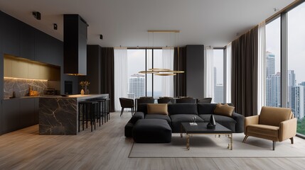 Fototapeta premium Modern Living Space: A sleek, modern living space embodies contemporary luxury. This image showcases a well-lit interior, with stylish furniture and panoramic windows framing a cityscape.