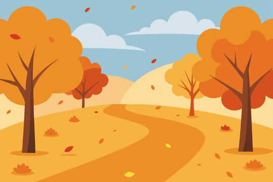 A winding path through rolling hills adorned with vibrant orange autumn trees and falling leaves under a cloudy blue sky