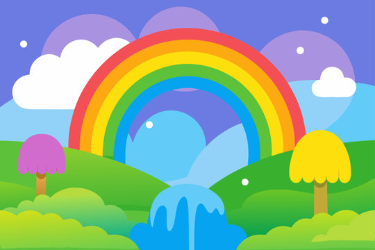 Whimsical cartoon landscape with a vibrant rainbow fluffy clouds rolling green hills and colorful mushroom like trees with a gentle waterfall