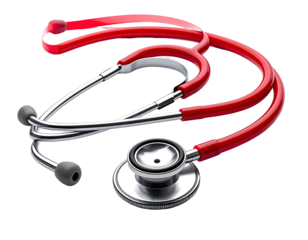 Red stethoscope angled in a curved, three-part form
