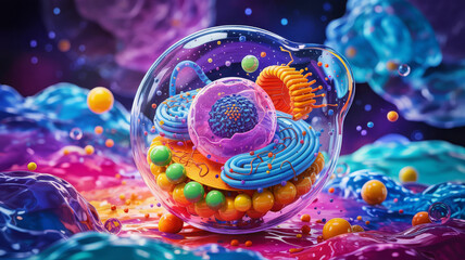 Abstract representation of a cell structure with vibrant colors, showcasing biological complexity and detail
