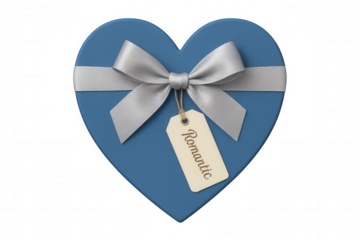 Blue heart shaped gift box with silver ribbon and romantic tag, celebrating love and valentine's day on transparent background