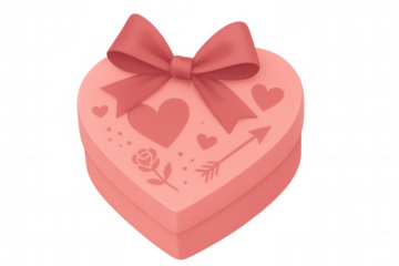 Pink heart-shaped gift box featuring a decorative bow, hearts, rose, and cupid arrow, perfect for romance. Transparent background