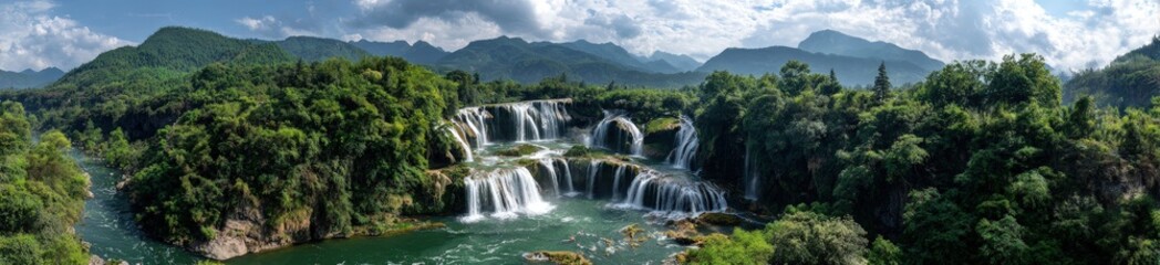 Obraz premium Lush green valley with cascading waterfalls