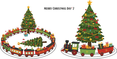 Christmas tree with gifts, festive holiday train set, decorated Christmas train illustration, winter holiday celebration, Merry Christmas greeting design © MDALRAFIN