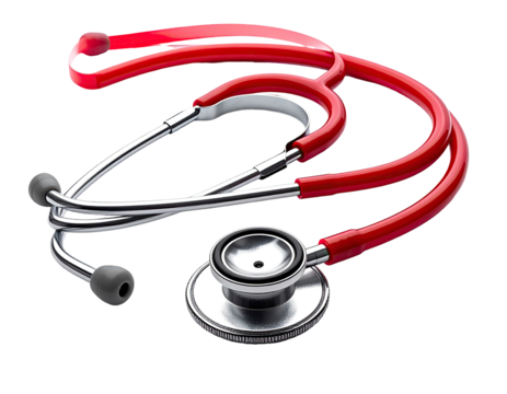 Red stethoscope angled in a curved, three-part form