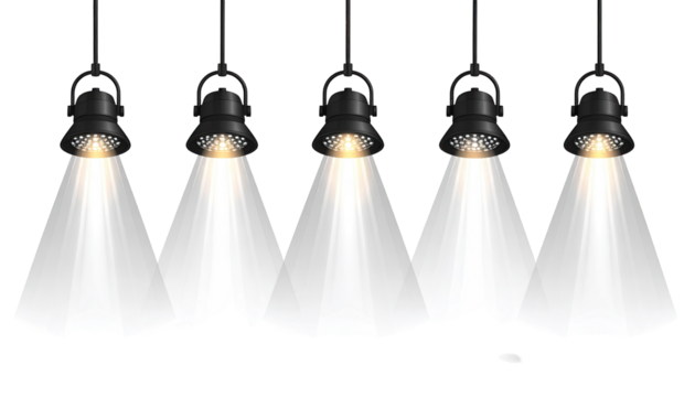 Five spotlights illuminating a dark space