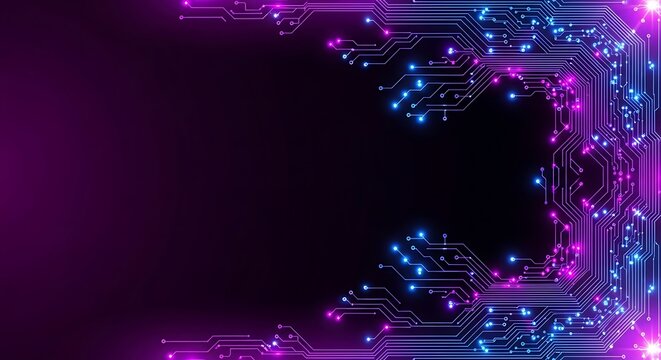 Dynamic glowing circuit board patterns with vibrant blue and purple neon lights illuminating a dark digital abstract background for technology innovation and data flow concepts