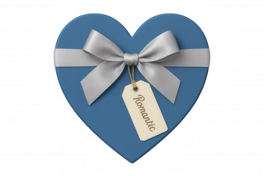Blue heart shaped gift box with silver ribbon and romantic tag, celebrating love and valentine's day on transparent background