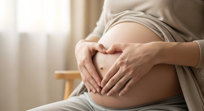 Hands Forming Heart Shape on Pregnant Belly - Powered by Adobe