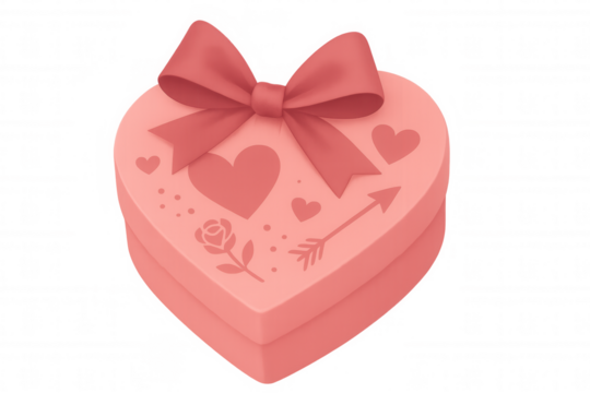 Pink heart-shaped gift box featuring a decorative bow, hearts, rose, and cupid arrow, perfect for romance. Transparent background