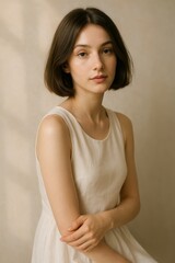 Obraz premium Graceful Portrait of a Woman: A captivating studio portrait showcasing a young woman with a natural, serene expression and a timeless, minimalist aesthetic.