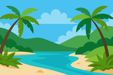 Vibrant tropical island landscape with palm trees lush green hills a sandy beach and clear blue water under a cloudy sky