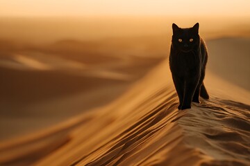 A black cat stands on a sand dune, its gaze focused directly towards the camera. The surrounding landscape glows in orange and brown, with soft shadows stretching across the textured dunes