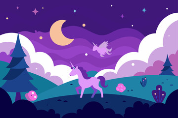 Magical purple night landscape with a unicorn and a winged unicorn under a crescent moon and starry sky