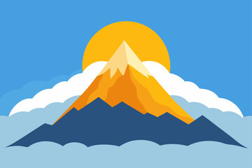 Stylized illustration of a majestic mountain peak bathed in the warm glow of a rising sun behind fluffy white clouds against a clear blue sky