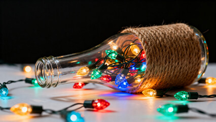 Christmas lights wrapped background：Vintage Glass Bottle Decor with Festive String Lights - Handcrafted Christmas Inspiration for Home Decoration