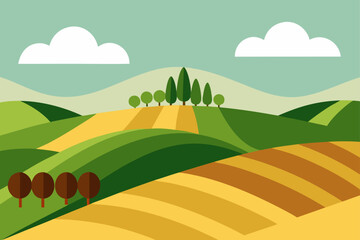 Obraz premium Stylized flat illustration of rolling green hills and golden fields under a soft blue sky with white clouds and trees