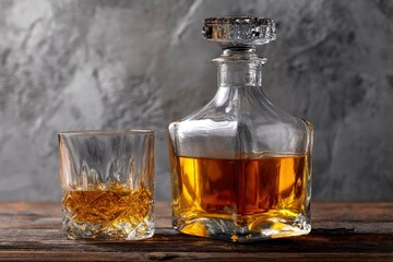A decanter  glass filled with amber liquid resting on a wooden surface Background is a mottled gray