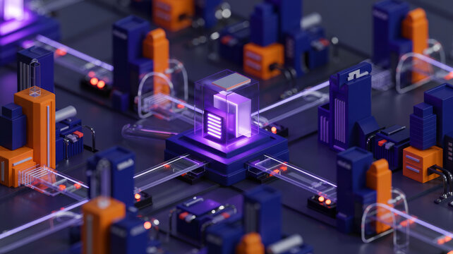 Abstract futuristic machine with glowing neon lights, showcasing advanced technology and intricate design elements