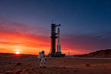 Astronaut stands before a rocket launch pad at sunset in a desert landscape
