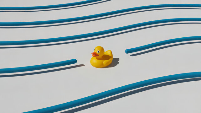 A yellow rubber duck floats on a white surface between blue lines, creating a playful and minimalist composition