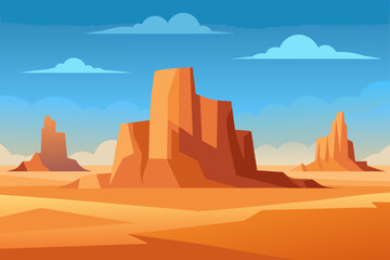 Vibrant cartoon desert landscape with iconic rock formations and fluffy clouds under a clear blue sky