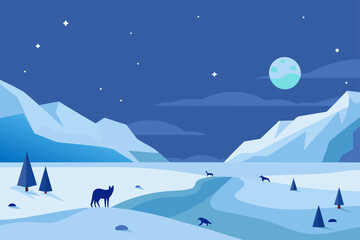 Fototapeta premium Serene winter landscape at night with a full moon stars snow covered mountains and silhouetted animals in a frozen wilderness