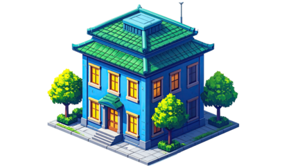 Pixel art of a quaint, blue, Asian-style house with green tiled roof, and trees