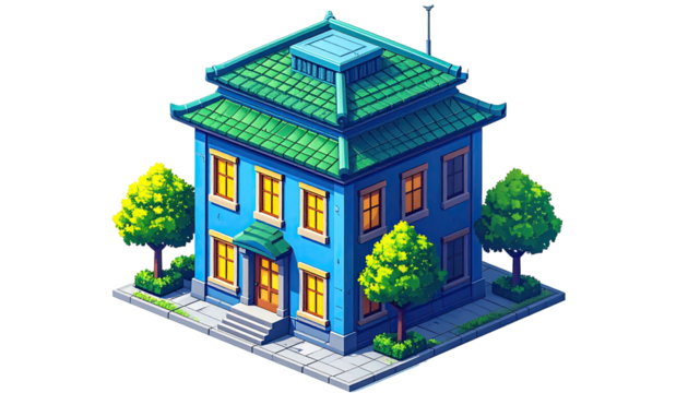 Pixel art of a quaint, blue, Asian-style house with green tiled roof, and trees