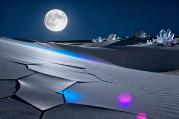 Frozen desert landscape under a full moon with glowing hexagonal ice patterns and colorful lens flares