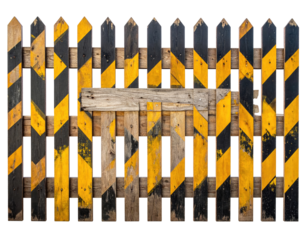 Aged wooden fence with yellow and black diamond pattern