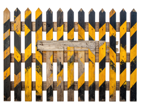 Aged wooden fence with yellow and black diamond pattern