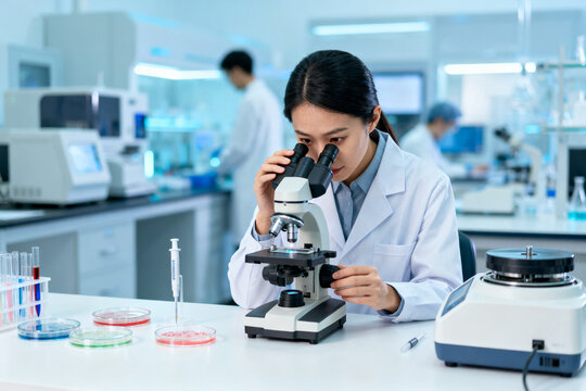 Female scientist examining samples under a microscope in a modern laboratory setting