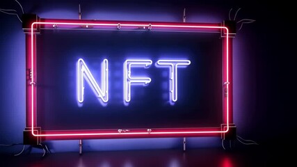 Neon NFT Sign Glowing on Dark Background Technology Concept - Powered by Adobe