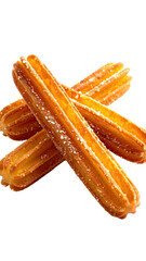 Three sugared churros, golden-brown, crossed