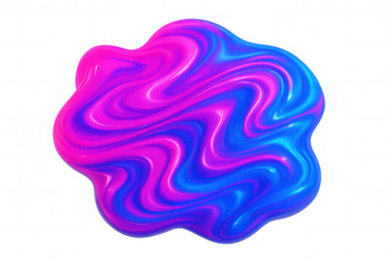 Abstract iridescent liquid blob showing a glossy surface with swirling pink and blue colors on a transparent background