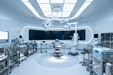 Modern sterile operating room with surgical equipment and lighting