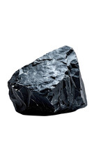 Dark, rough-edged, irregular-shaped chunk of mineral, against a stark black background.  Detailed surface texture