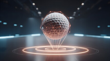 Golf ball hologram projection with glowing geometric wireframe on floor.
