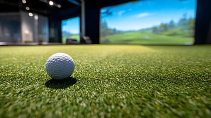 Extreme close-up of a golf ball resting on shaggy carpet.