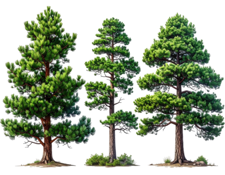Three pine trees against a black background
