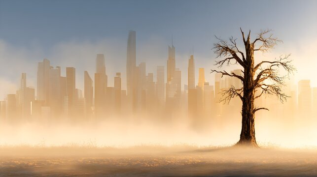 Solitary dead tree in dry land before a misty, hazy city.
