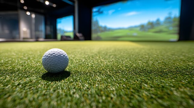 Extreme close-up of a golf ball resting on shaggy carpet.