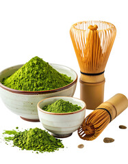 Matcha powder in bowls with a bamboo whisk