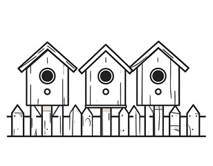 Three simple birdhouses on a picket fence, outlined in black