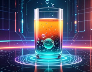 A vibrant glass of orange liquid with bubbles, set against a futuristic, glowing digital background with concentric circles